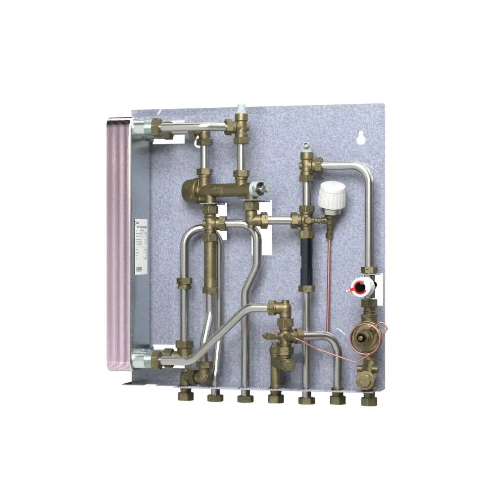 Rohrsystem mit verschiedenen Ventilen und Anschlüssen, sowie einem Druckregler; sorgt für die Wärmeverteilung in Heizungsanlagen, Hersteller Danfoss.